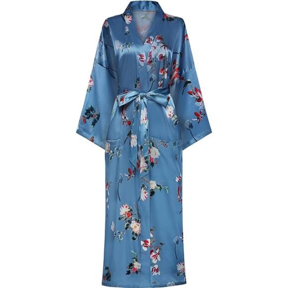 NEW Women Long Silky Bathrobe Satin Kimono Floral Printed Dressing Sleepwear